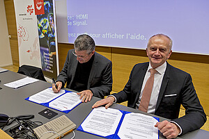 Bruno Sportisse, PDG de l’Inria et Michel Deneken, président de l’Université de Strasbourg, lors de la signature de convention.