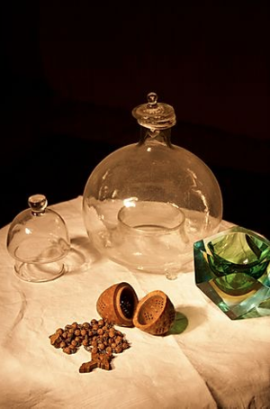Des objets insolites qui attirent l’œil...  (ventouse médicale, un vase et un chapelet en  bois de bagnard issus des collections de Cécile Gauby, photographie extraite de la série des Natures-mortes).