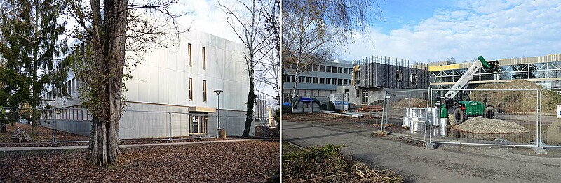 A gauche, le bâtiment d'enseignement terminé ; à droite, le hall génie civil en cours de construction.