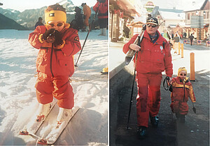 Robin Brucker à 18 mois, pour la première fois sur  des skis, à droite avec son père Jean-Luc.